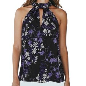 RAMY BROOK Black Floral Sleeveless Halter Tie Neck Back Blouse Size Medium